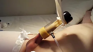 Adorable teen femboy is gently milked by milking machinery and cums deep inside venus milking receiver while crippling sexy white thighhigh stockings