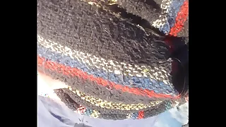 Naked driver pisses his light sweat pants while footslogger barefoot in snow