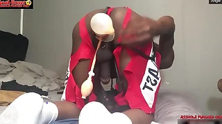 Using huge dildo to up his destroyed hole - the ass bouquet of buttplug with the inflatable pumps, moaning with a prolapsed black eye - ass monkey - theamofficial