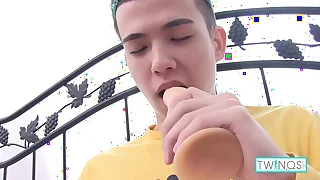 Skinny brunette boy xander bangs a dildo with an increment of rubs his big hard cock!