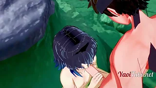 Naruto kimetsu not much yaiba yaoi hentai 3d - kiba & inosuke handjob, blowjob and fucked in onsen 1/2
